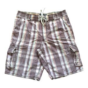 Old Navy Board Shorts Swimsuit Medium Plaid w/ Mesh Pockets Drawstring Brown Men